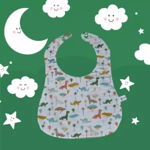 Bavoir rond en coton imprimé dinosaures. Fermeture par pression