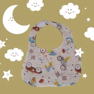 Bavoir rond en tissu coton imprimé vielle voiture. fermeture par velcro.
