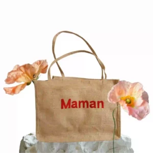 Sac en toile de jute rectangulaire avec Maman brodé en rouge